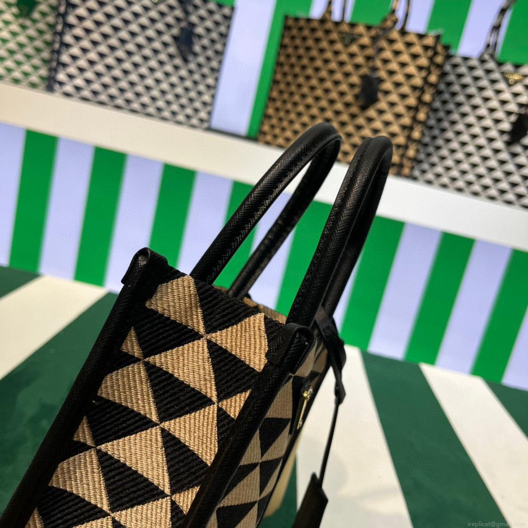 Prada 1BA355 Symbole Jacquard Fabric Micro Bag Black Apricot