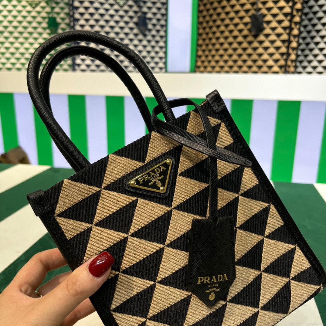 Prada 1BA355 Symbole Jacquard Fabric Micro Bag Black Apricot