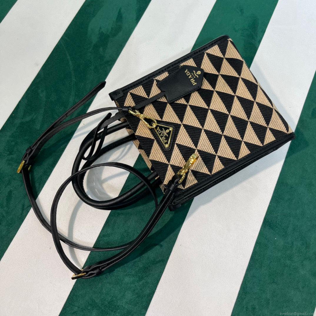 Prada 1BA355 Symbole Jacquard Fabric Micro Bag Black Apricot