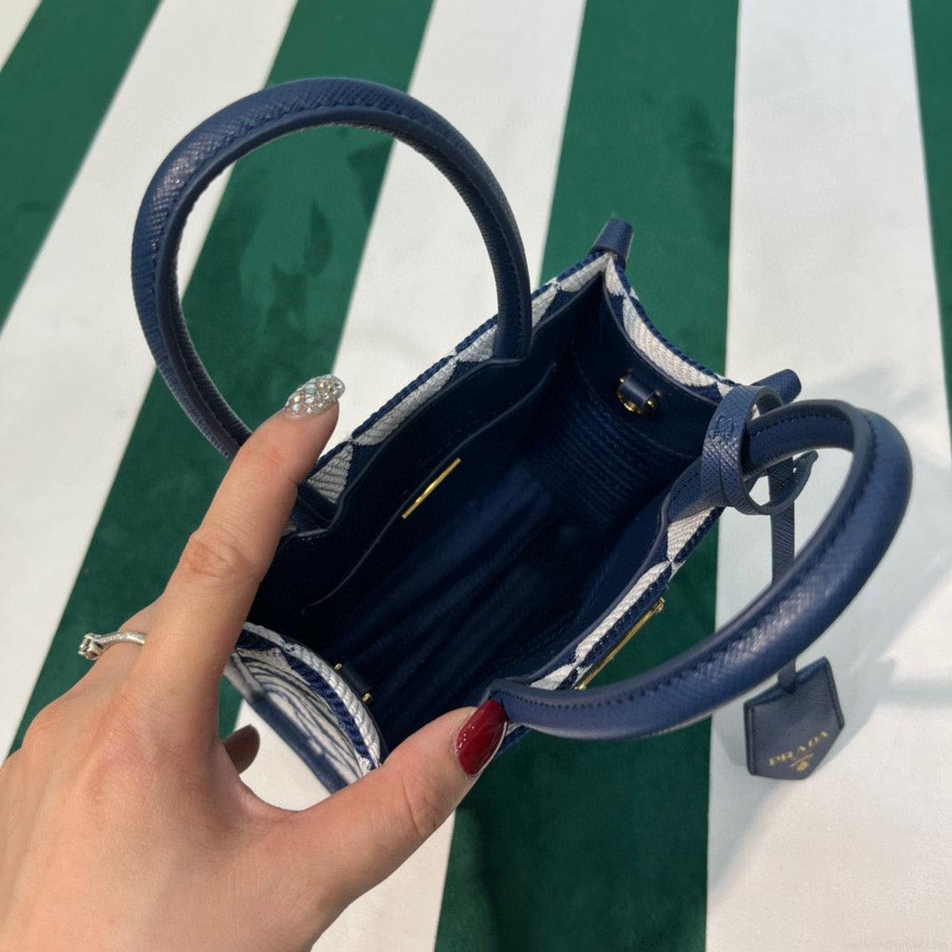 Prada 1BA355 Symbole Jacquard Fabric Micro Bag Blue White