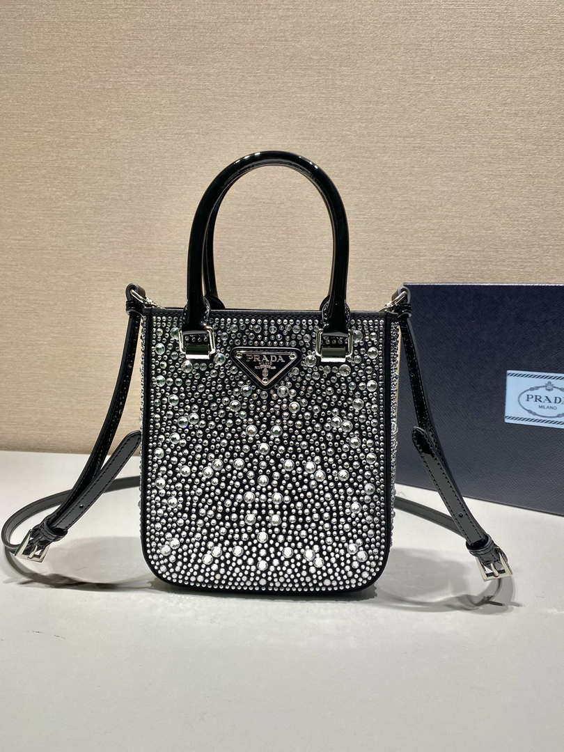 Prada 1BA331 Small satin tote bag with crystals Black