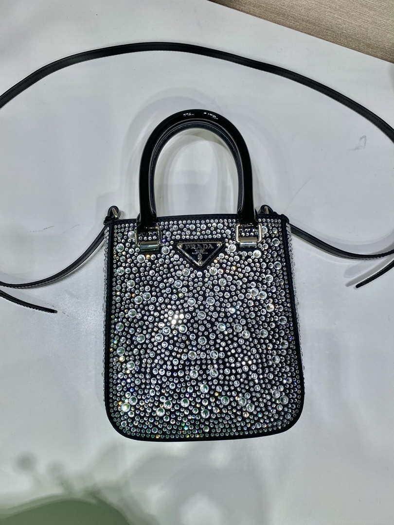 Prada 1BA331 Small satin tote bag with crystals Black
