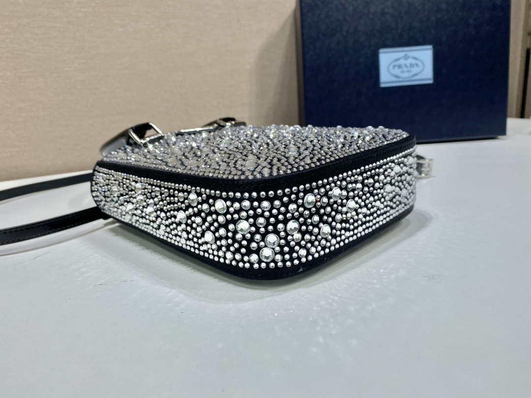 Prada 1BA331 Small satin tote bag with crystals Black