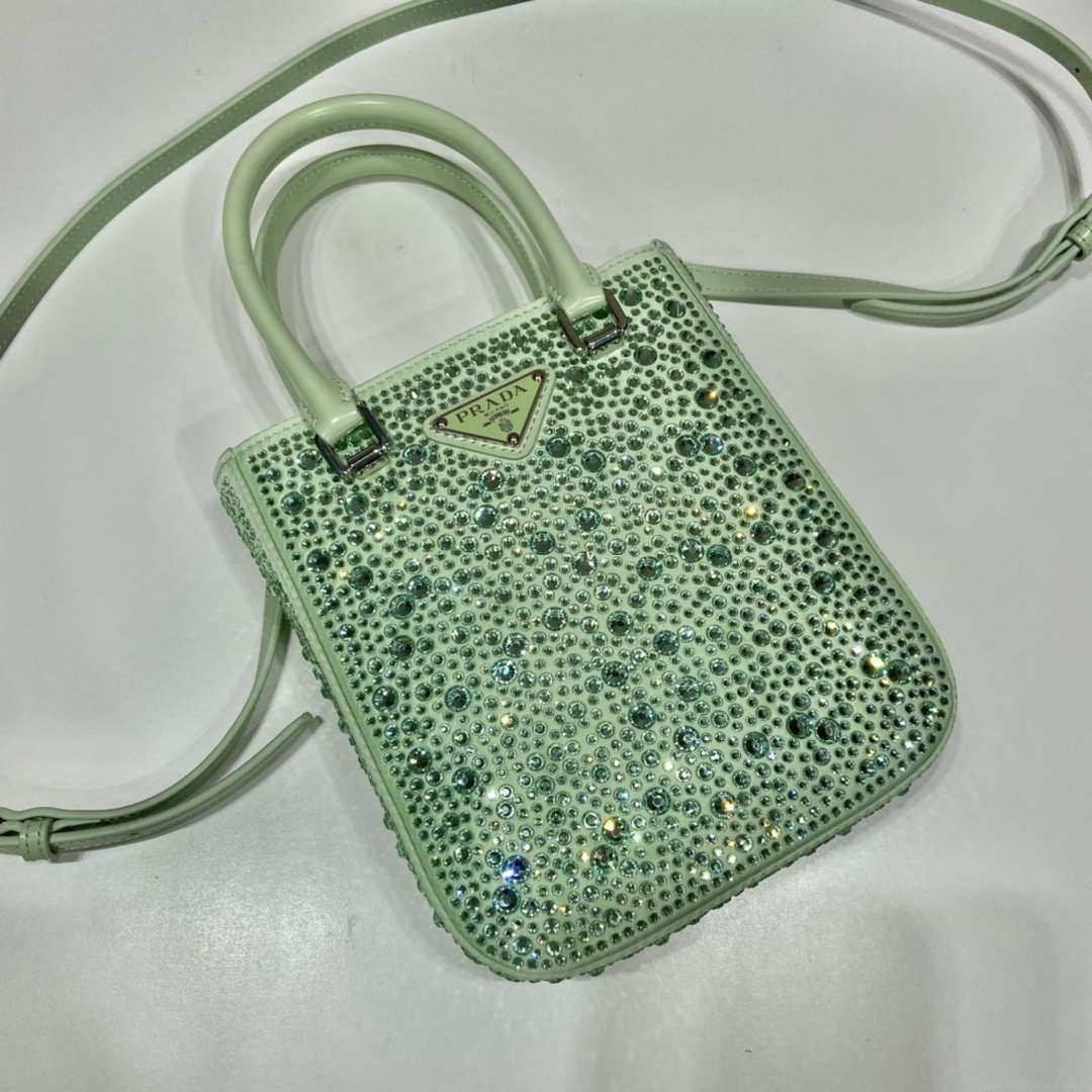Prada 1BA331 Small satin tote bag with crystals Green