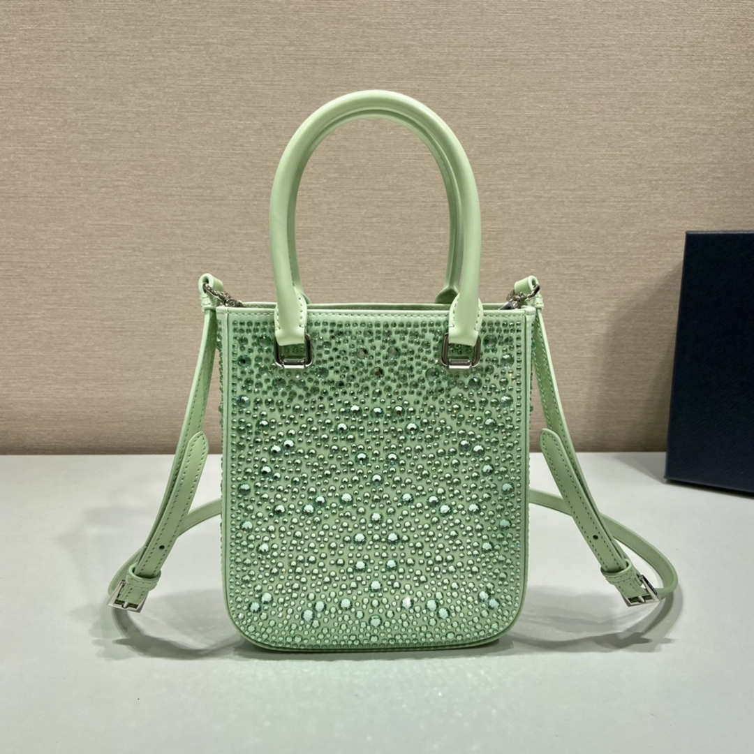 Prada 1BA331 Small satin tote bag with crystals Green