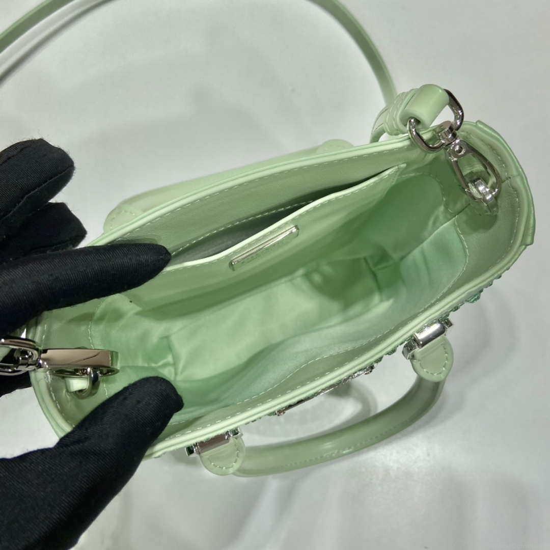 Prada 1BA331 Small satin tote bag with crystals Green
