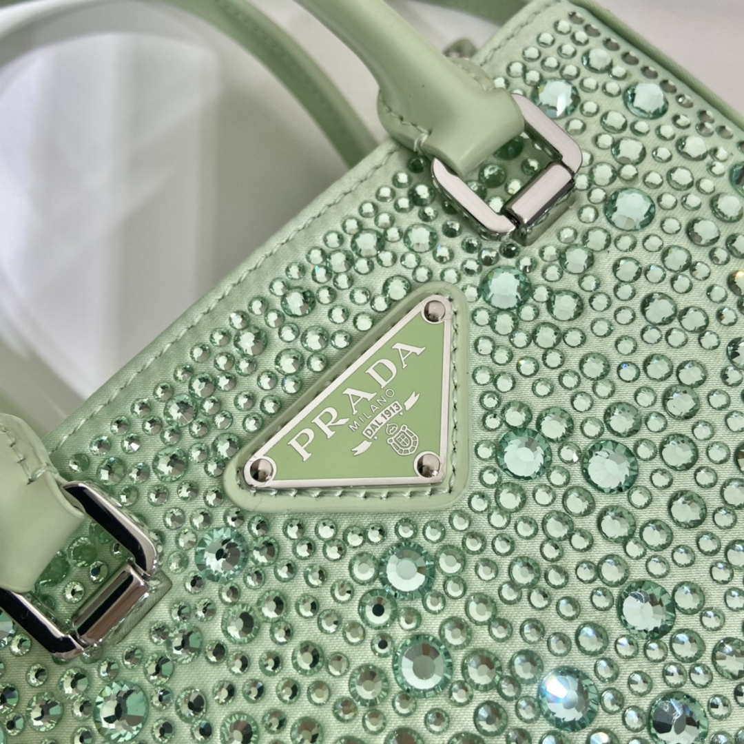 Prada 1BA331 Small satin tote bag with crystals Green