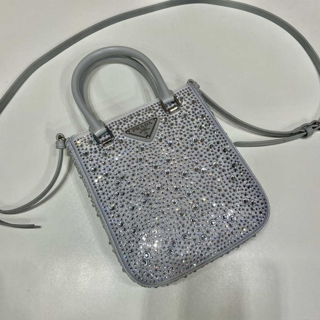Prada 1BA331 Small satin tote bag with crystals White