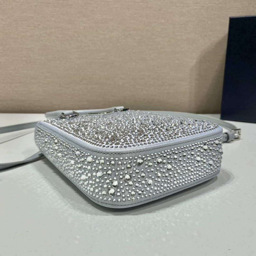 Prada 1BA331 Small satin tote bag with crystals White