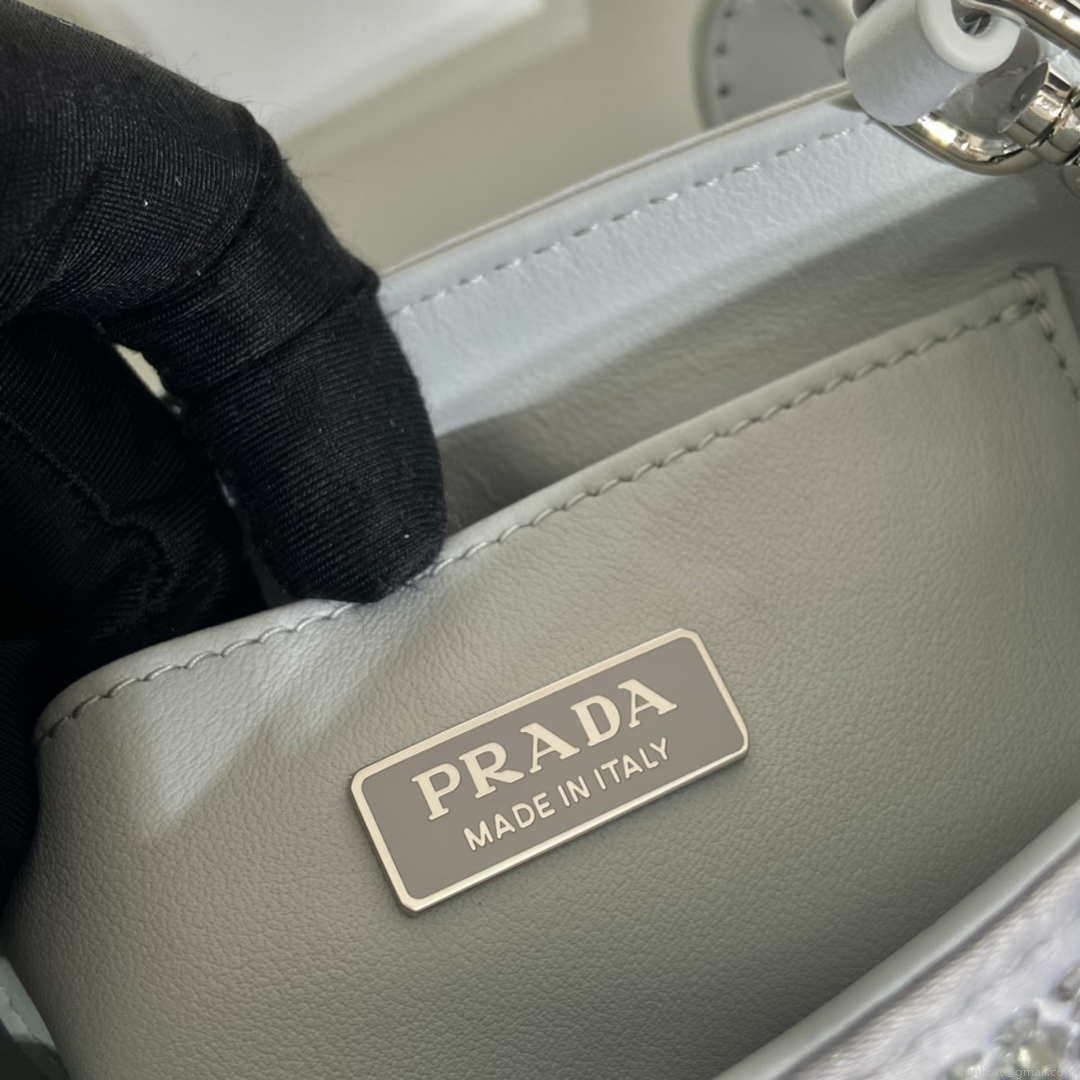 Prada 1BA331 Small satin tote bag with crystals White
