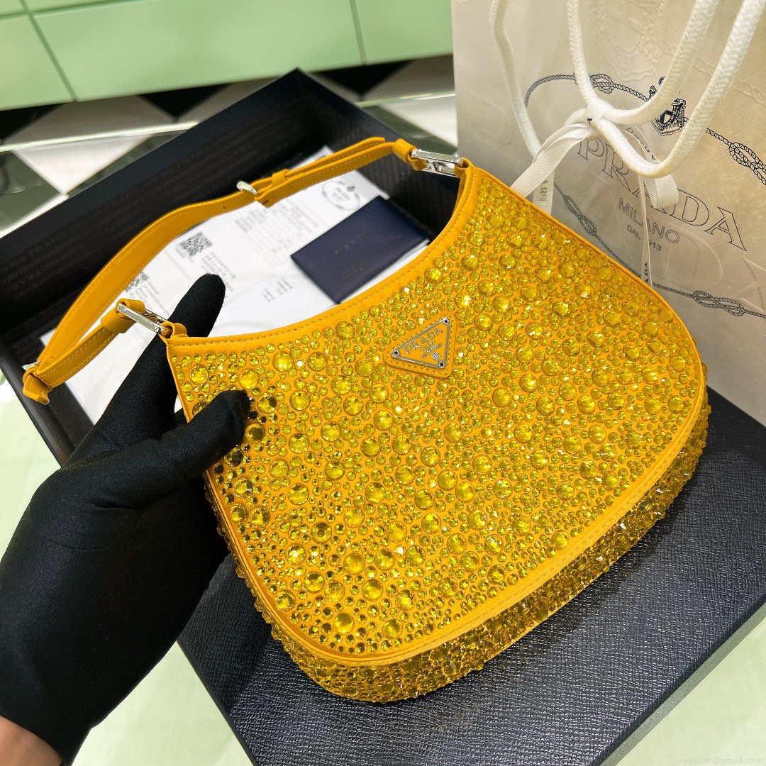 Prada 1BC169 Prada Cleo satin bag with appliqués Gold Yellow