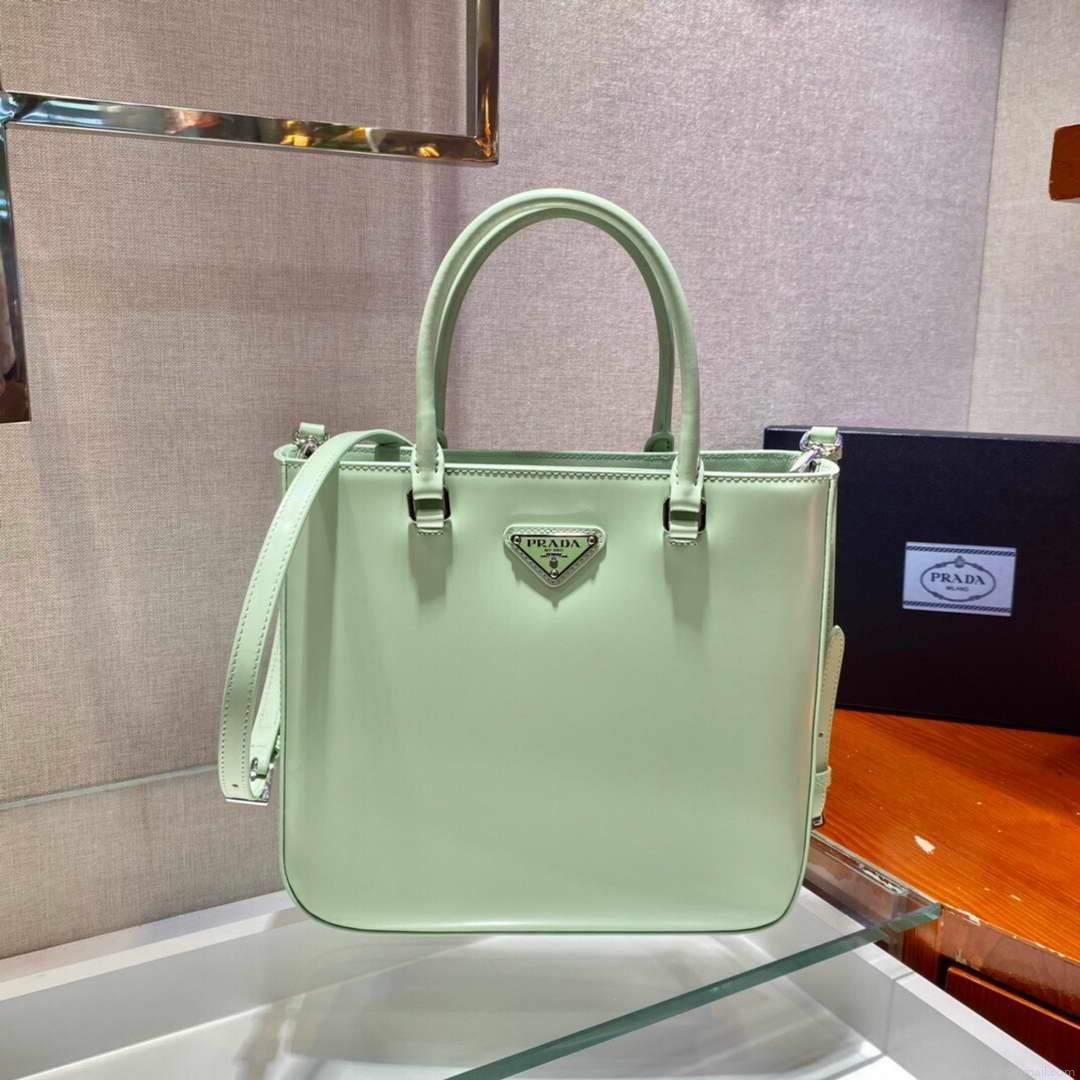 Prada 1BA330 Brushed Leather Tote Bag Light Green
