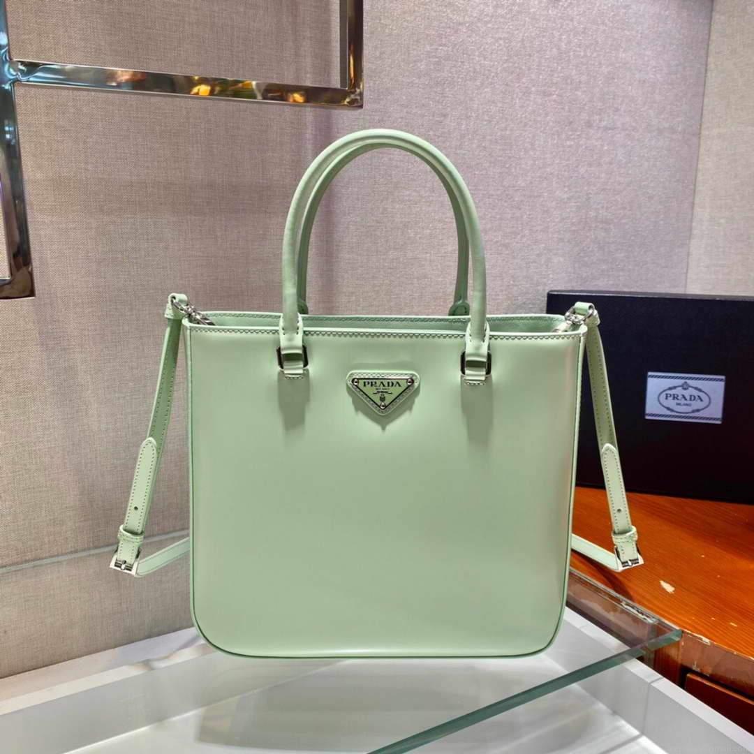 Prada 1BA330 Brushed Leather Tote Bag Light Green