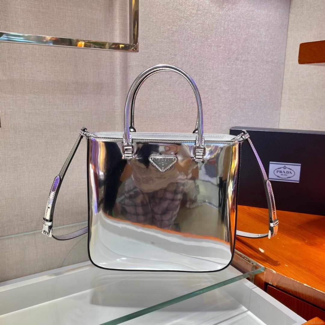 Prada 1BA330 Brushed Leather Tote Bag Silver