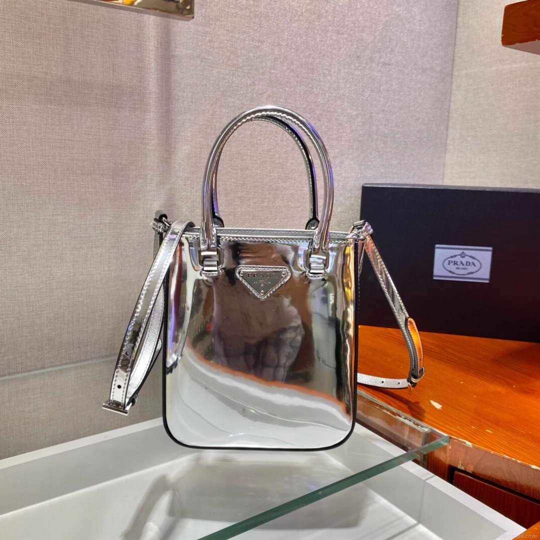 Prada 1BA331 Small Brushed Leather Tote Silver