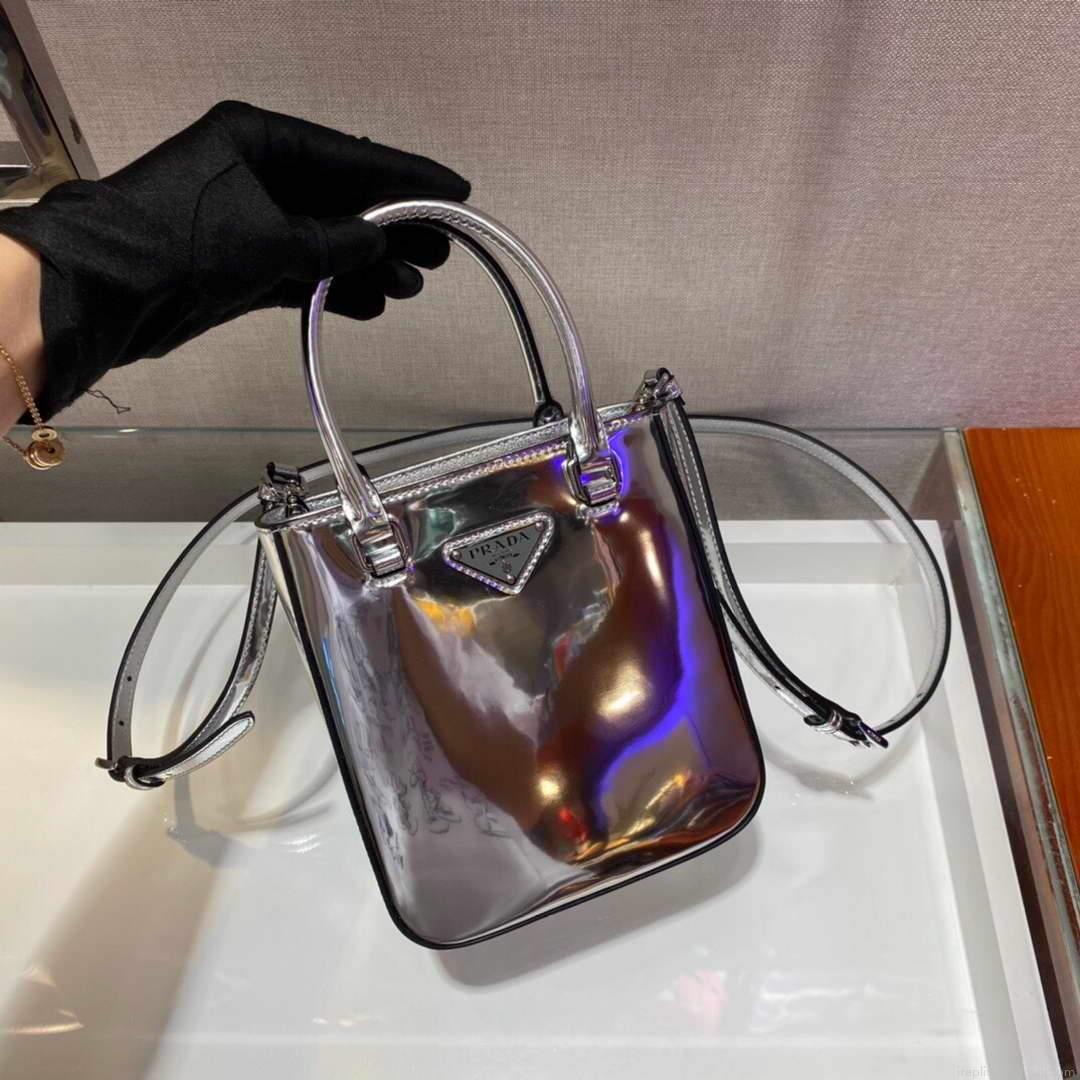 Prada 1BA331 Small Brushed Leather Tote Silver