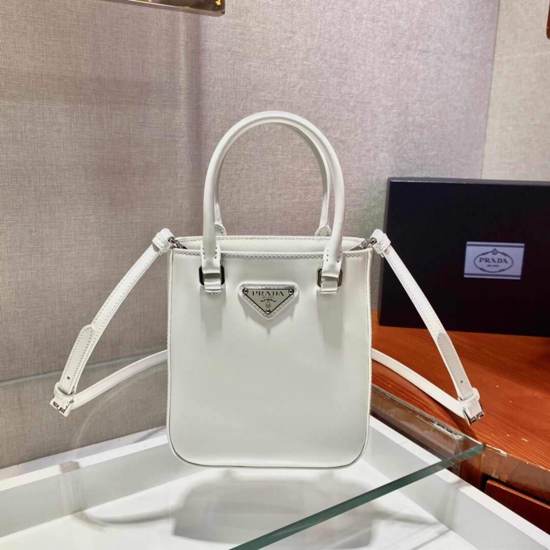 Prada 1BA331 Small Brushed Leather Tote White