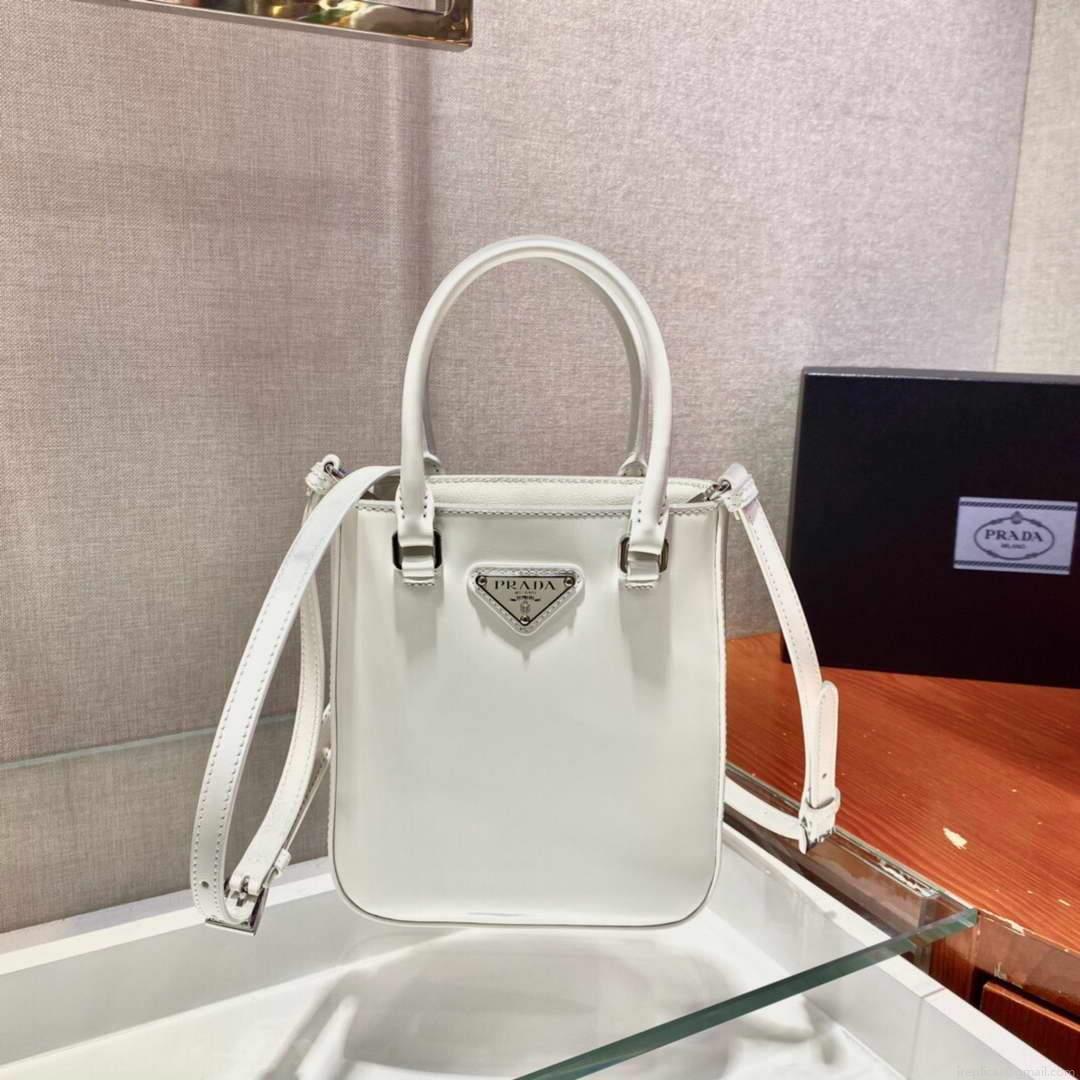 Prada 1BA331 Small Brushed Leather Tote White