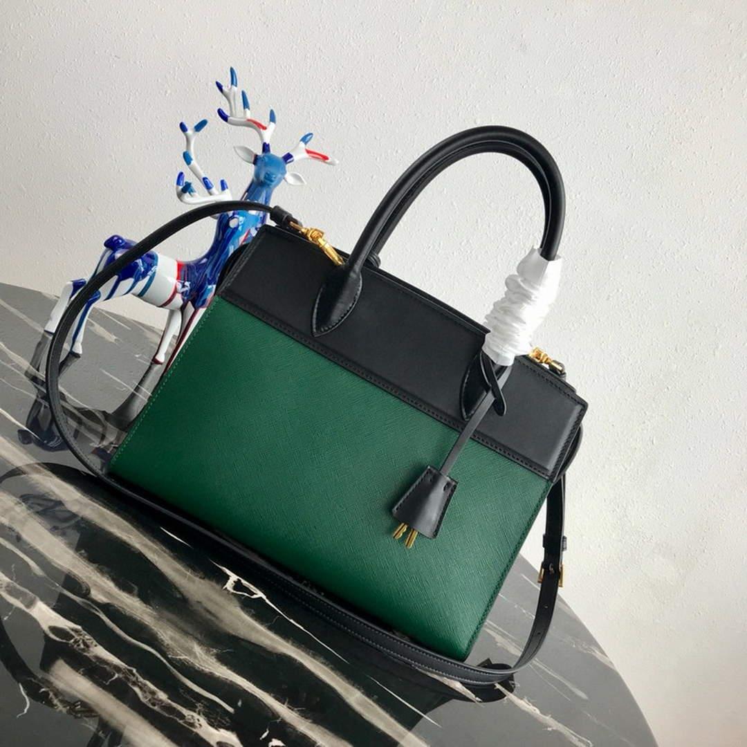 Prada 1BA046 Medium Esplanade Leather Tote Bag Green and Black