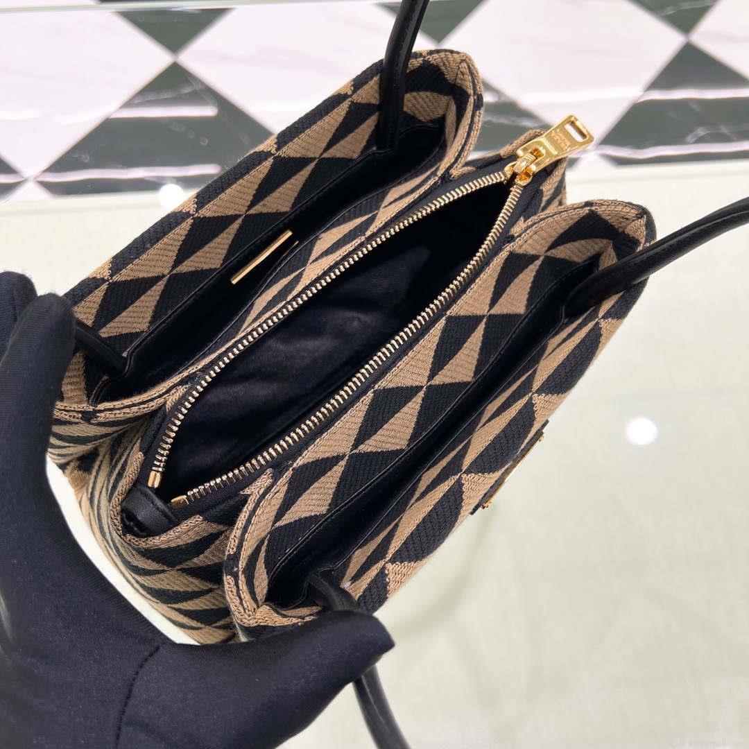 Prada 1BA368 From The Runway Small embroidered fabric Prada Symbole bag Black and Beige