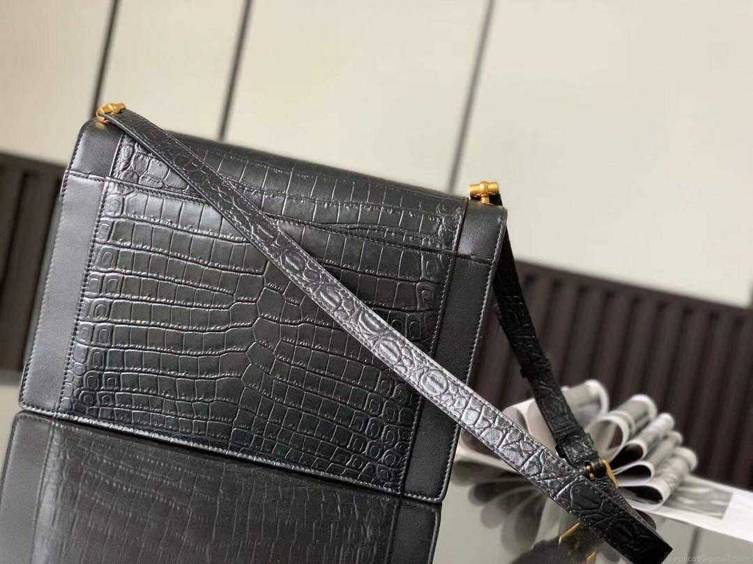 YSL 695724 Gaby Satchel In Crocodile-Embossed Lacquered Leather And Lambskin black