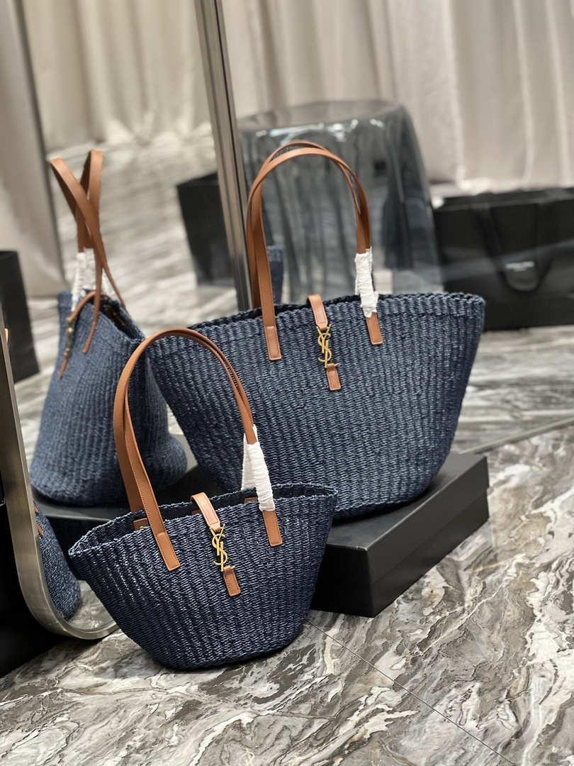 Saint Laurent 685618 YSL Panier Medium Bag In Raffia Navy Blue