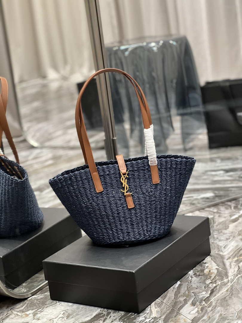 Saint Laurent 685618 YSL Panier Medium Bag In Raffia Navy Blue