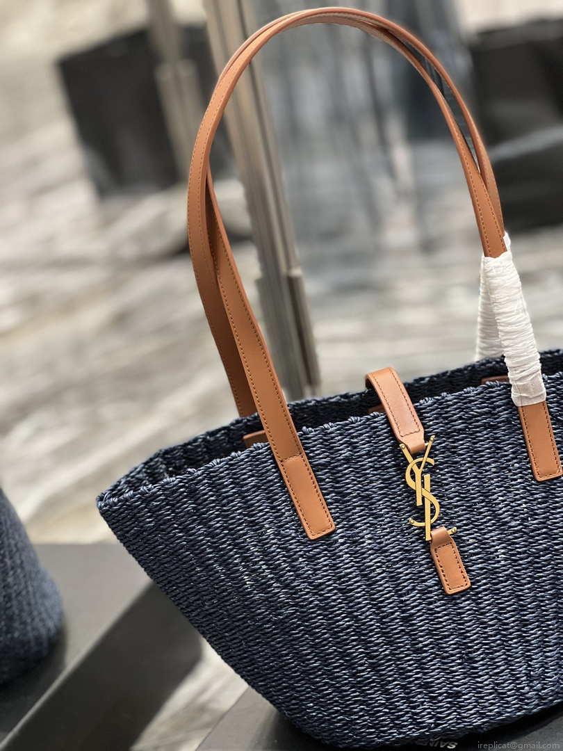 Saint Laurent 685618 YSL Panier Medium Bag In Raffia Navy Blue