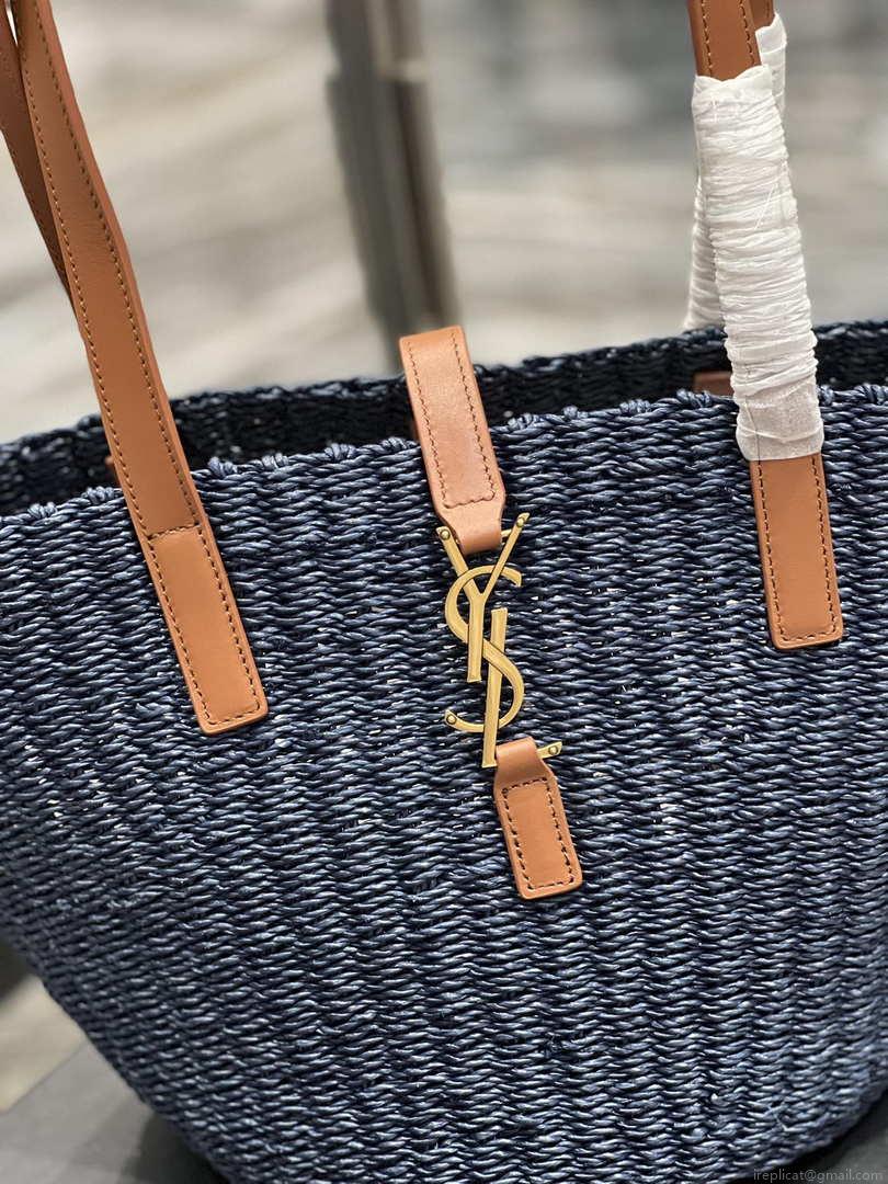 Saint Laurent 685618 YSL Panier Medium Bag In Raffia Navy Blue
