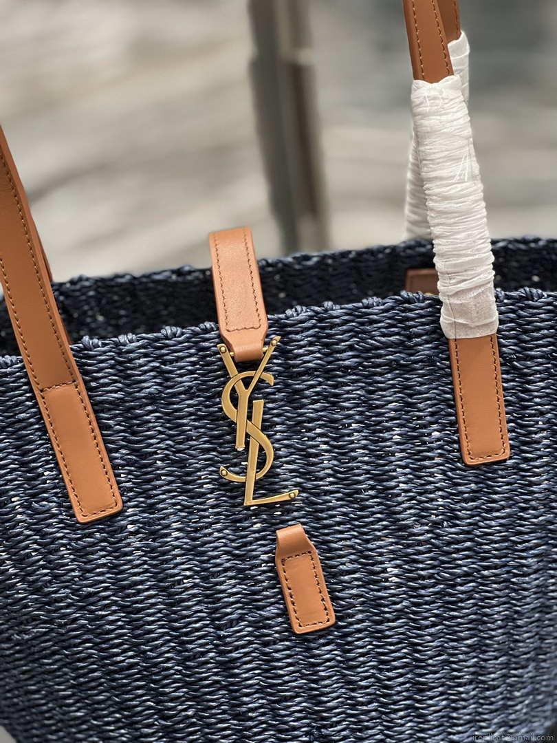 Saint Laurent 685618 YSL Panier Medium Bag In Raffia Navy Blue
