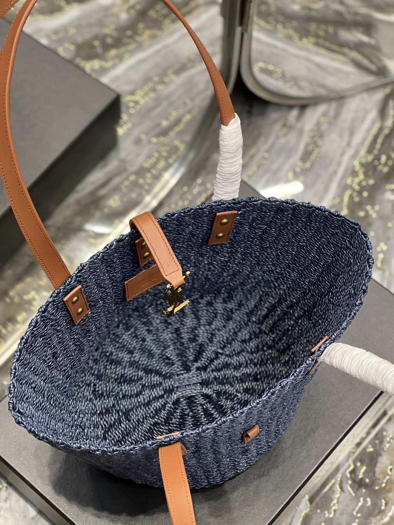 Saint Laurent 685618 YSL Panier Medium Bag In Raffia Navy Blue