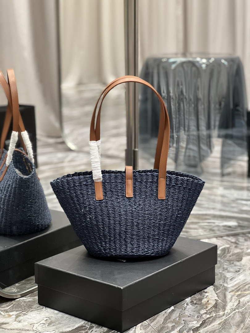 Saint Laurent 685618 YSL Panier Medium Bag In Raffia Navy Blue