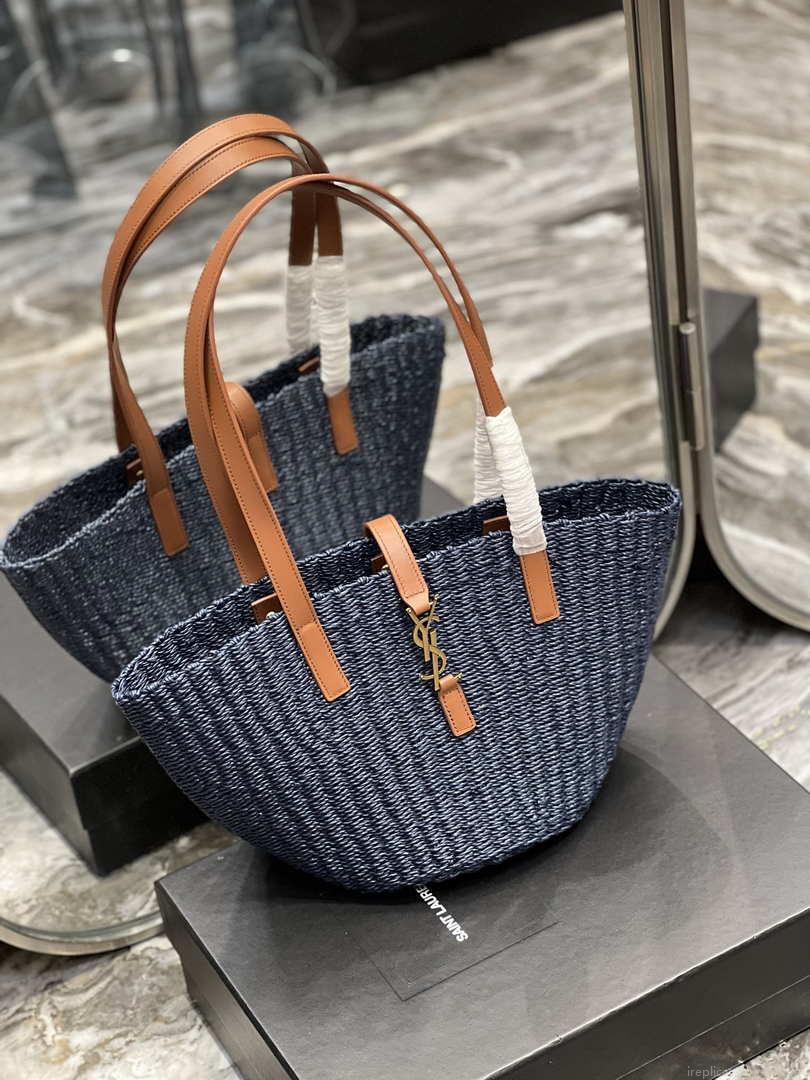 Saint Laurent 685618 YSL Panier Medium Bag In Raffia Navy Blue