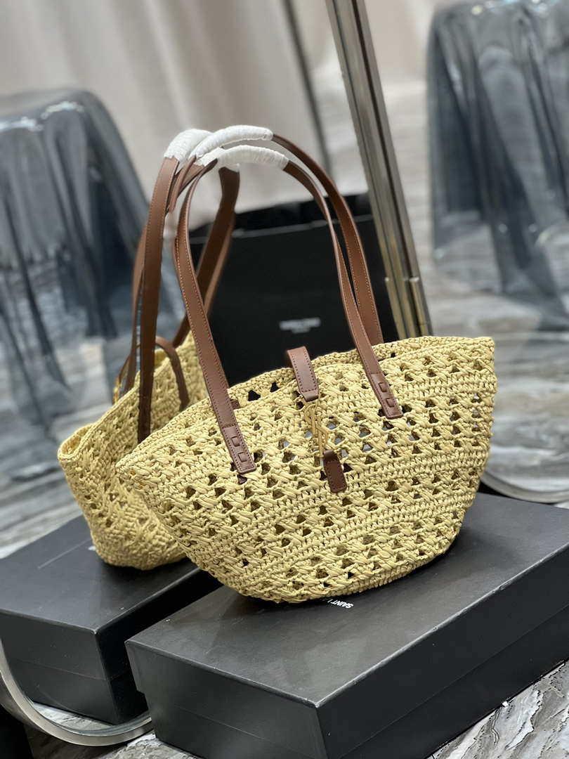 Saint Laurent 685618 YSL Panier Medium Bag In Raffia Apricot