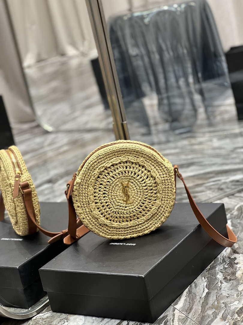 YSL 685601 Saint Laurent Sac Round Raffia Bag In Neutral