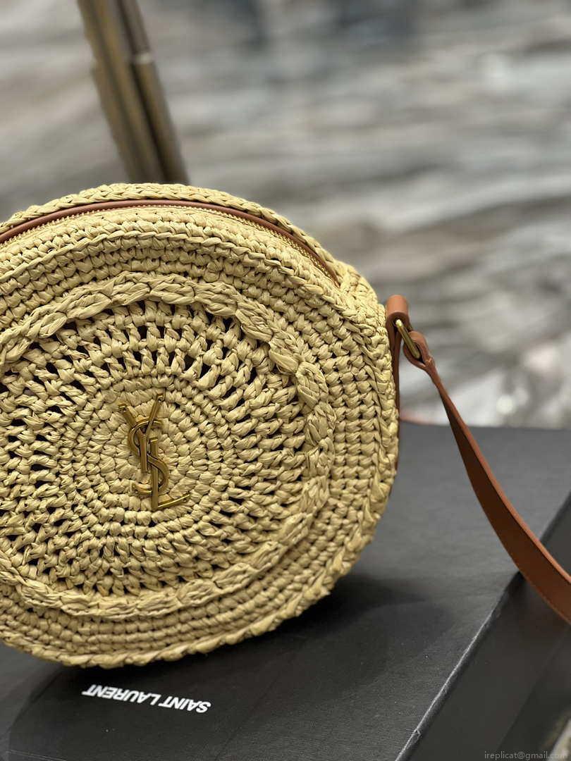 YSL 685601 Saint Laurent Sac Round Raffia Bag In Neutral