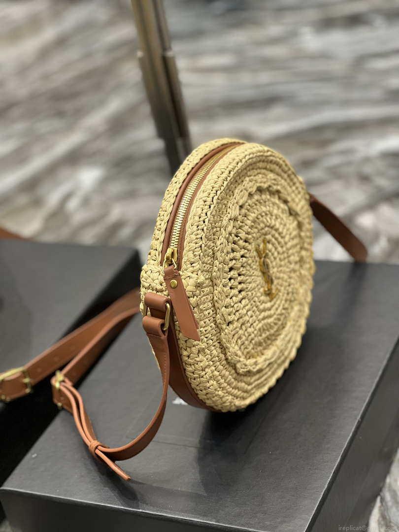 YSL 685601 Saint Laurent Sac Round Raffia Bag In Neutral