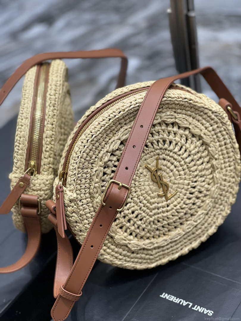 YSL 685601 Saint Laurent Sac Round Raffia Bag In Neutral