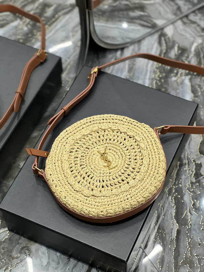 YSL 685601 Saint Laurent Sac Round Raffia Bag In Neutral