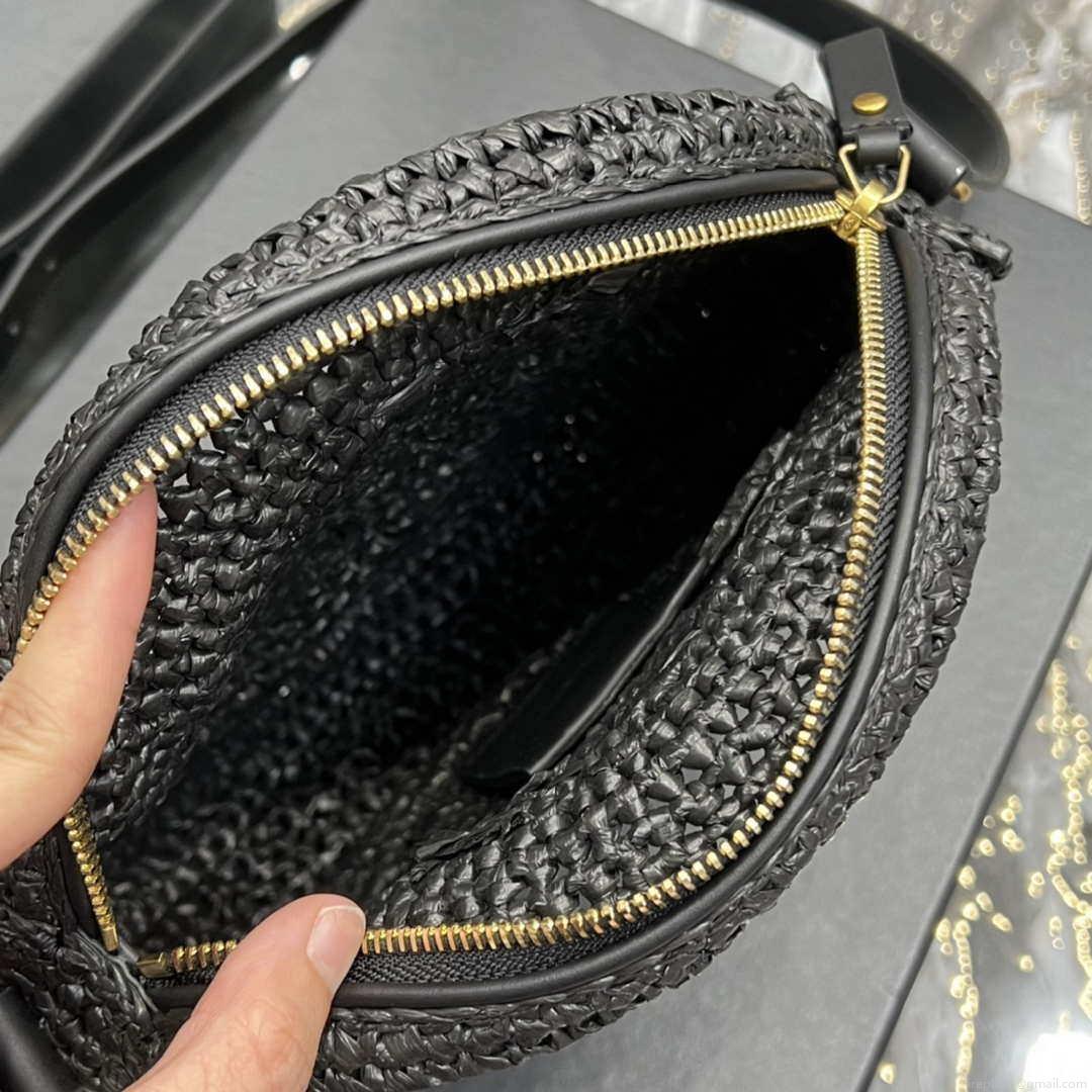 YSL 685601 Saint Laurent Sac Round Raffia Bag In Black