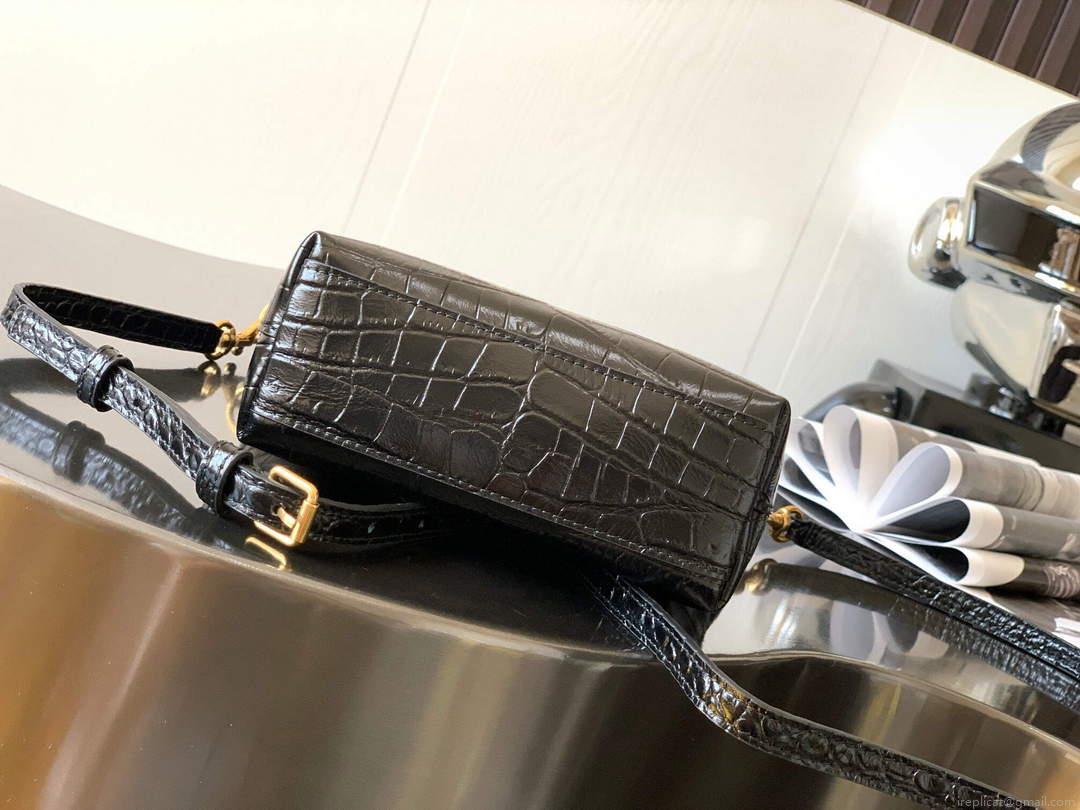 YSL 712367 Saint Laurent Paris Mini Toy Shopping In Crocodile-Embossed Leather Black