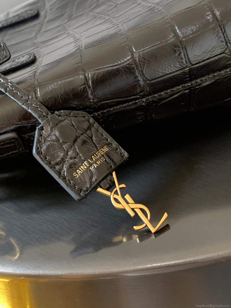 YSL 712367 Saint Laurent Paris Mini Toy Shopping In Crocodile-Embossed Leather Black