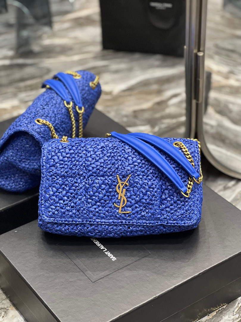 YSL 515821 Jamie Leather-Trimmed Raffia Shoulder Bag Blue