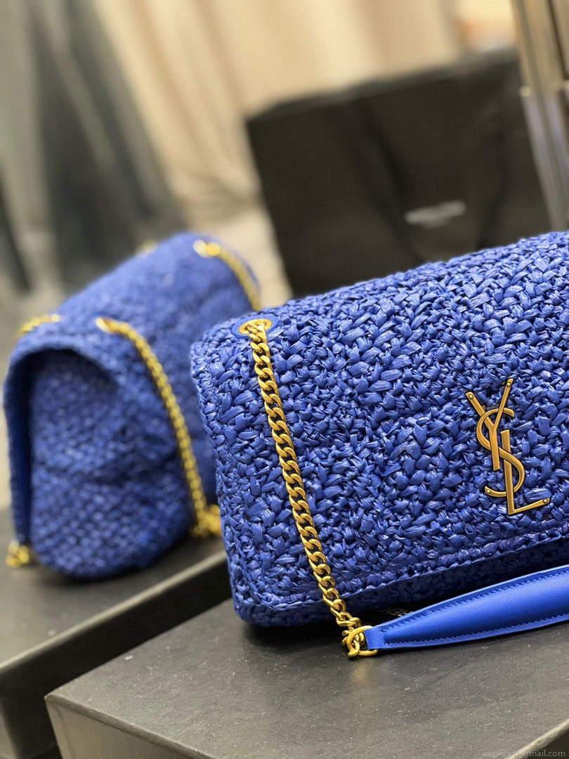 YSL 515821 Jamie Leather-Trimmed Raffia Shoulder Bag Blue
