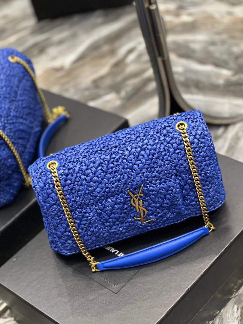 YSL 515821 Jamie Leather-Trimmed Raffia Shoulder Bag Blue