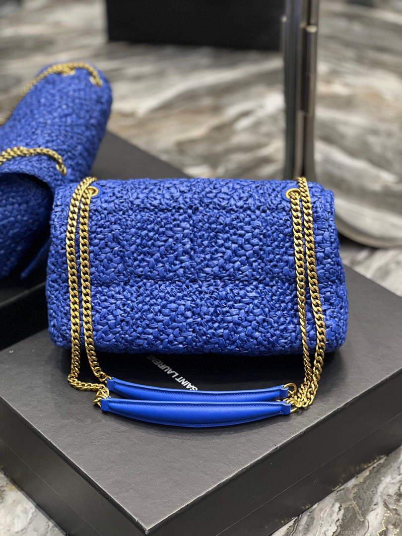 YSL 515821 Jamie Leather-Trimmed Raffia Shoulder Bag Blue