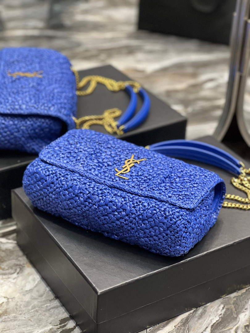 YSL 515821 Jamie Leather-Trimmed Raffia Shoulder Bag Blue