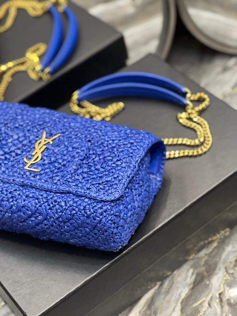 YSL 515821 Jamie Leather-Trimmed Raffia Shoulder Bag Blue
