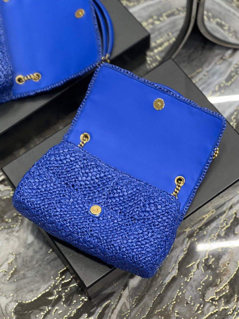 YSL 515821 Jamie Leather-Trimmed Raffia Shoulder Bag Blue