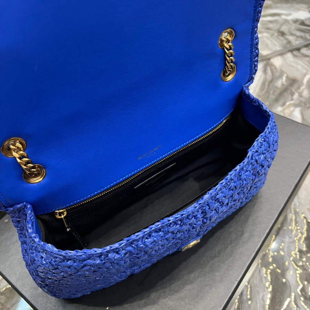 YSL 515821 Jamie Leather-Trimmed Raffia Shoulder Bag Blue